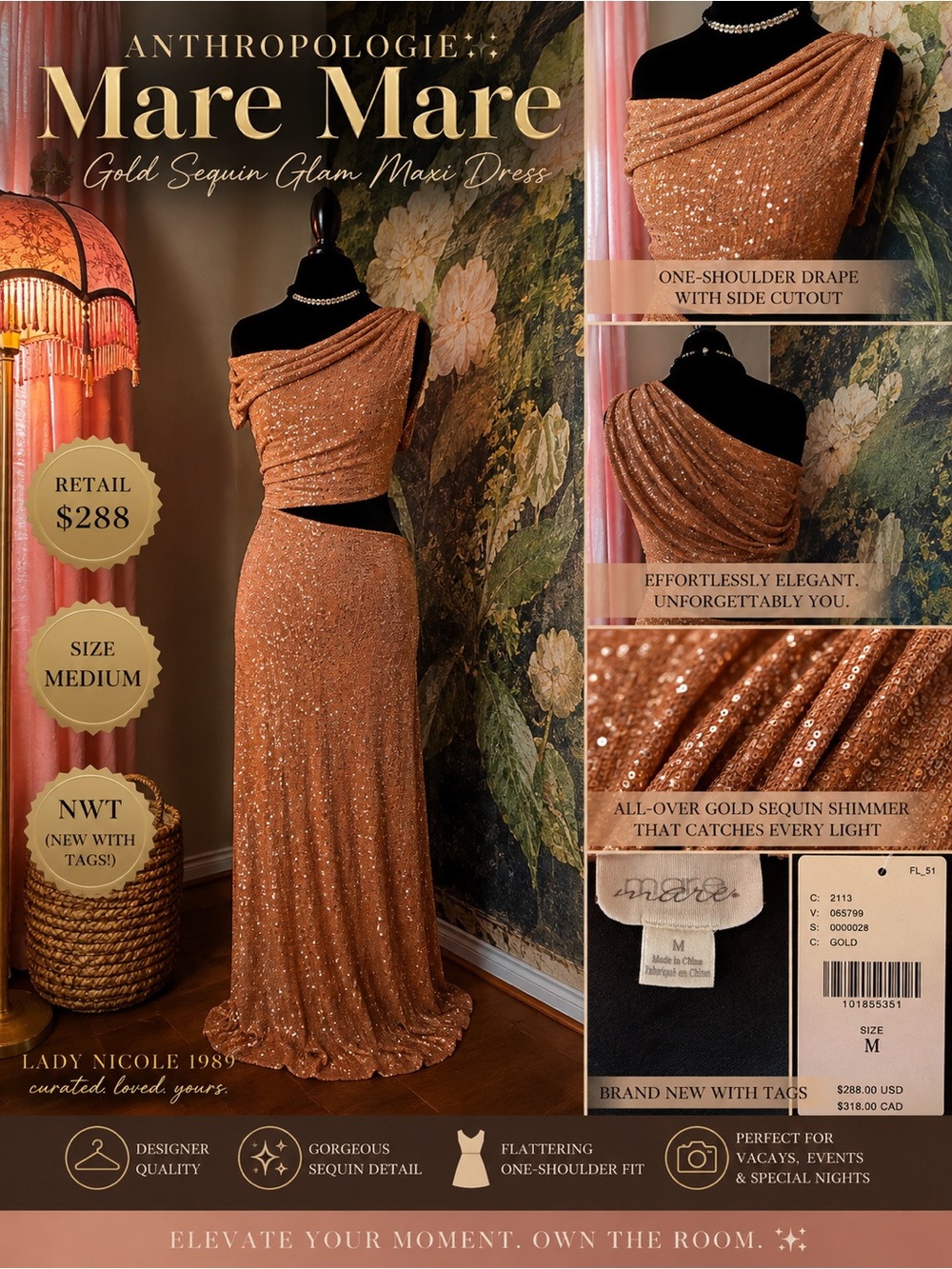 Anthropologie Mare Mare Gold Sequin Glam Maxi Dress Medium